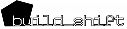 Buildshift logo, consisting of a black pentagonal shape and an outlined white text