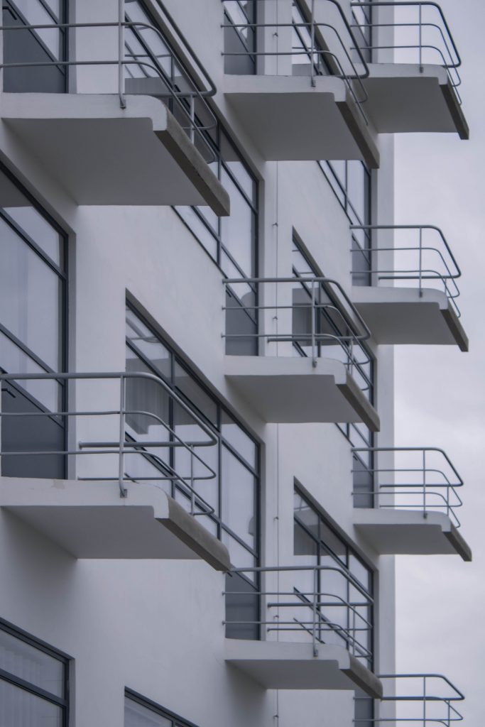 Geometrical composition of the typical Bauhaus balconies on the exterior facade of the Bauhaus building